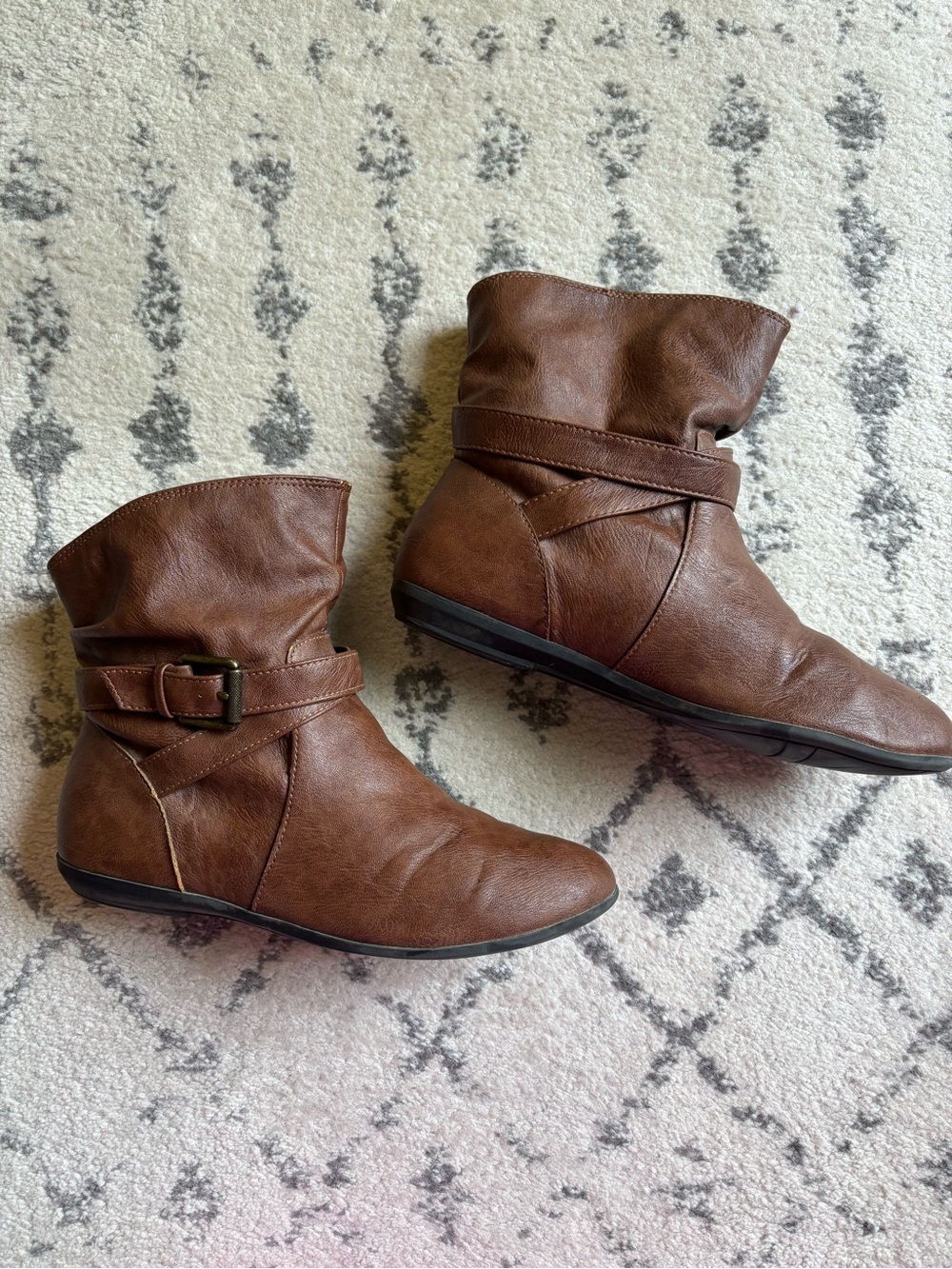 Women's Ankle Boots with Buckle Strap- Cognac brown colour
